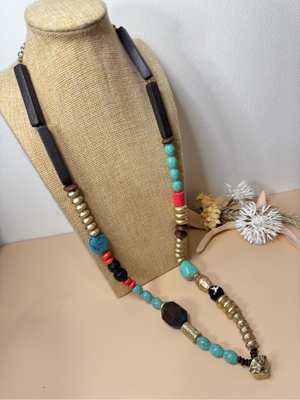Chico’s 32” Multicolor Turquoise Red Brown Beaded Statement Necklace